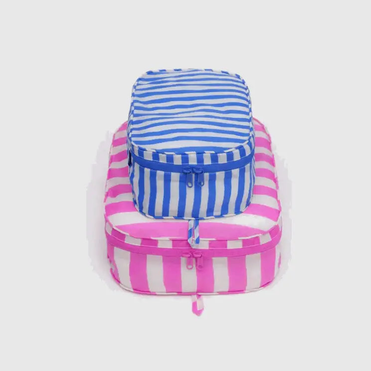 BAGGU Painted Stripes Packing Cubes stacked in blue and pink striped pattern - PABOOM