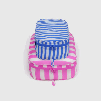 BAGGU Painted Stripes Packing Cubes stacked in blue and pink striped pattern - PABOOM