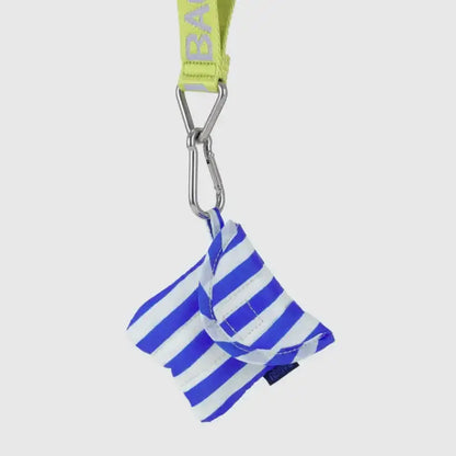 BAGGU Puffy Earbuds Case clipped to a carabiner, blue and white painted stripe design - PABOOM