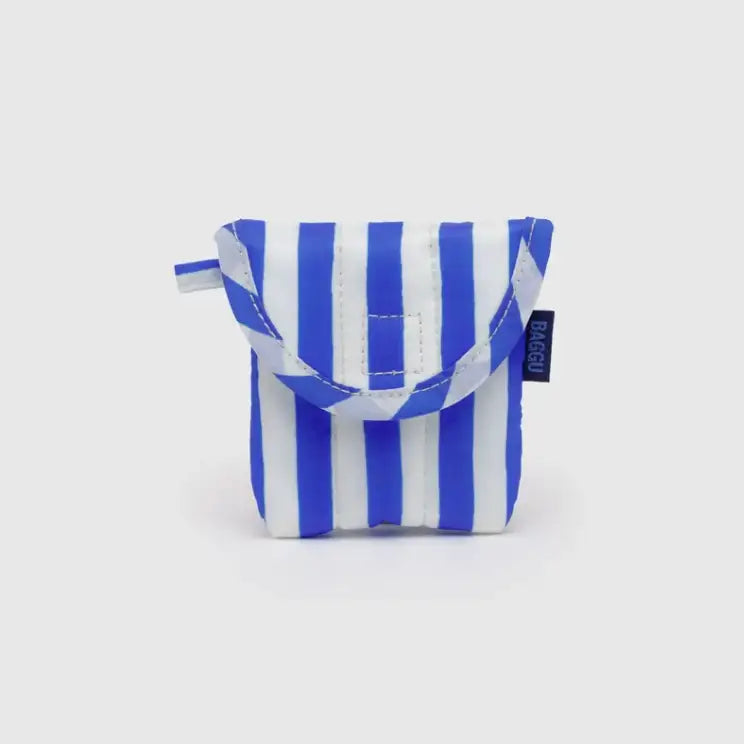 Front view of BAGGU Puffy Earbuds Case standing upright, blue painted stripe design - PABOOM