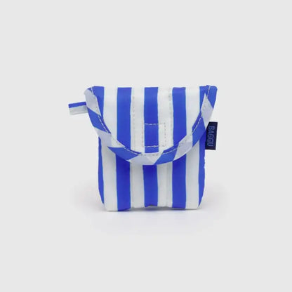 Front view of BAGGU Puffy Earbuds Case standing upright, blue painted stripe design - PABOOM