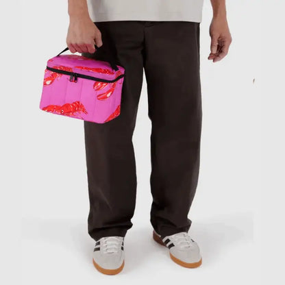 Person holding BAGGU Puffy Lunch Bag with pink lobster print - PABOOM