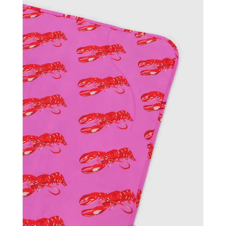 Close-up of Pink Lobster Puffy Picnic Blanket showing playful lobster pattern - PABOOM