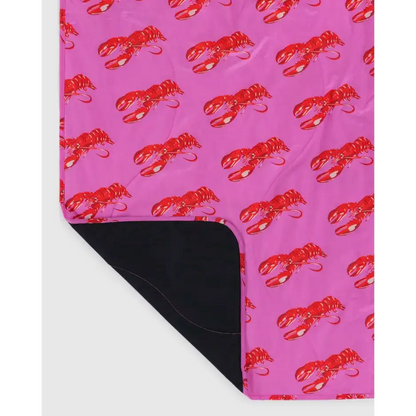 Corner view of Pink Lobster Puffy Picnic Blanket with contrasting bottom side - PABOOM