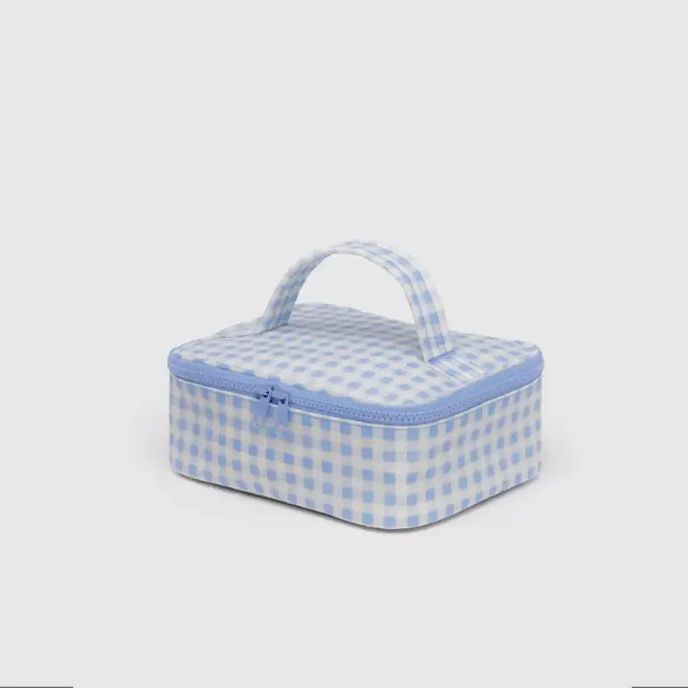 Small cosmetic bag with zipper closure and top handle, light blue gingham, ripstop nylon - PABOOM