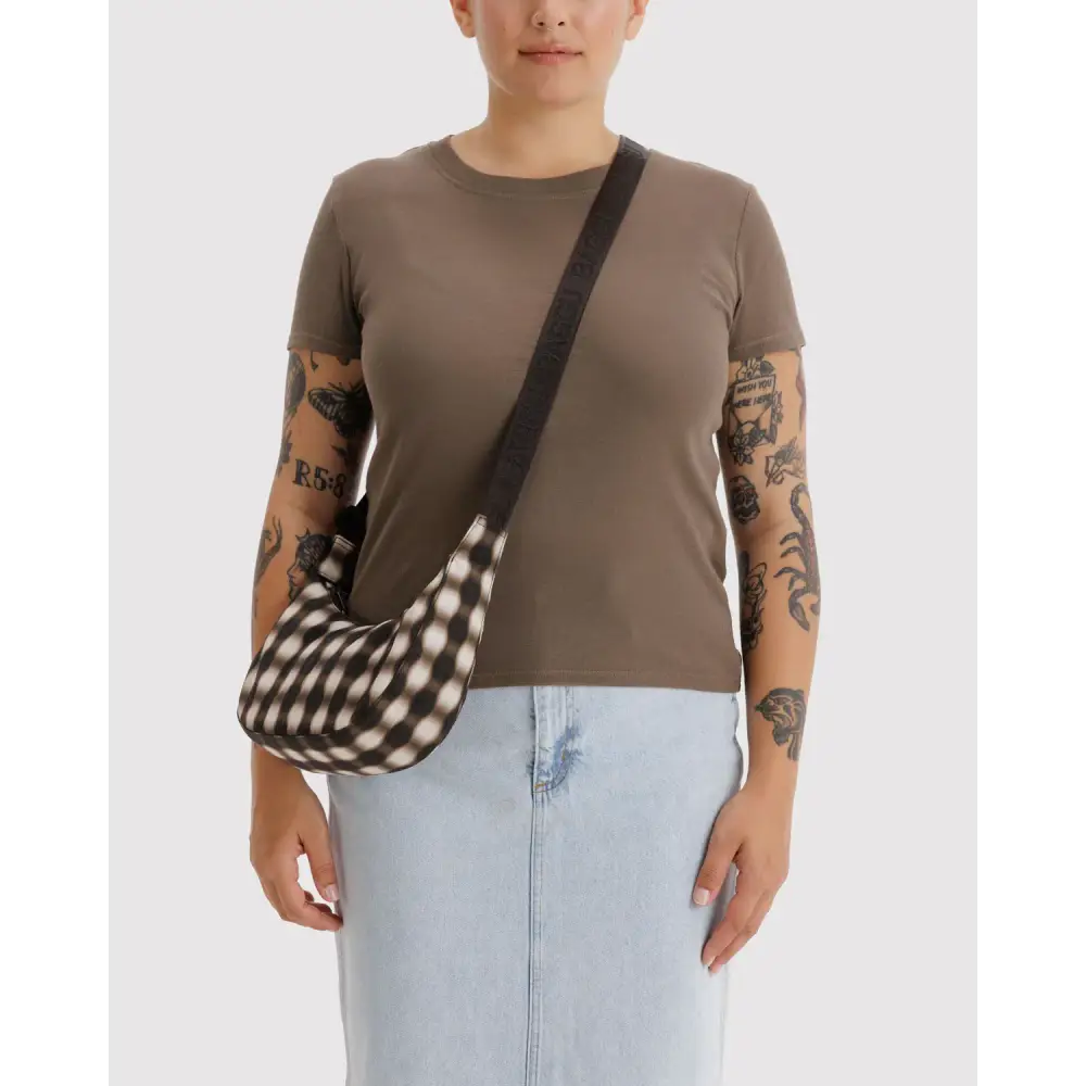 BAGGU Small Nylon Crescent Bag - Blurred Gingham Brown