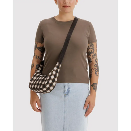 BAGGU Small Nylon Crescent Bag - Blurred Gingham Brown