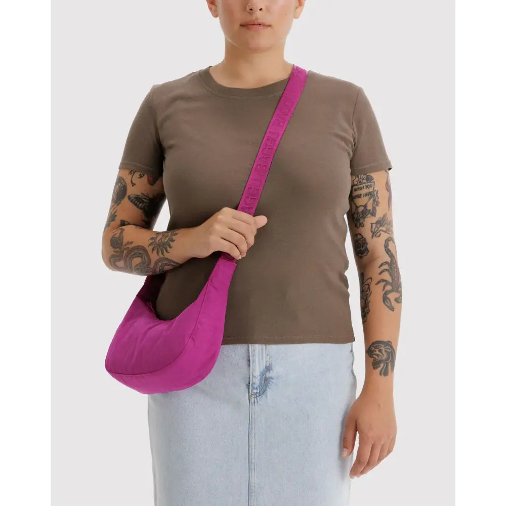 BAGGU Small Nylon Crescent Bag - Deep Fuchsia