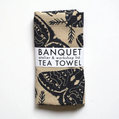 Banquet Workshop - All-Linen Tea Towel with Cool Black Moths on Natural