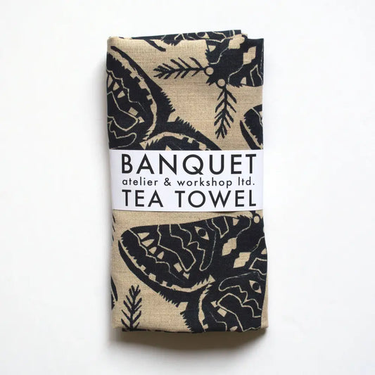 Banquet Workshop - All-Linen Tea Towel with Cool Black Moths on Natural