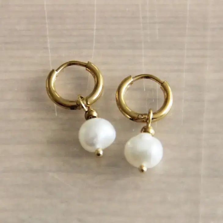 Creole Hoop Earrings w/Freshwater Pearl Drop - Gold (Stainless Steel) - PABOOM