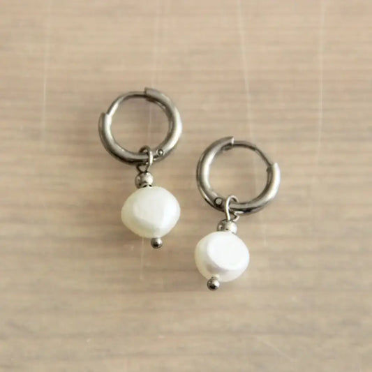 Creole Silver Earrings With Freshwater Pearl Drop - PABOOM