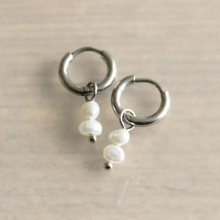 Creole Silver Hoop Earrings With  2 Mini Freshwater Pearls - PABOOM