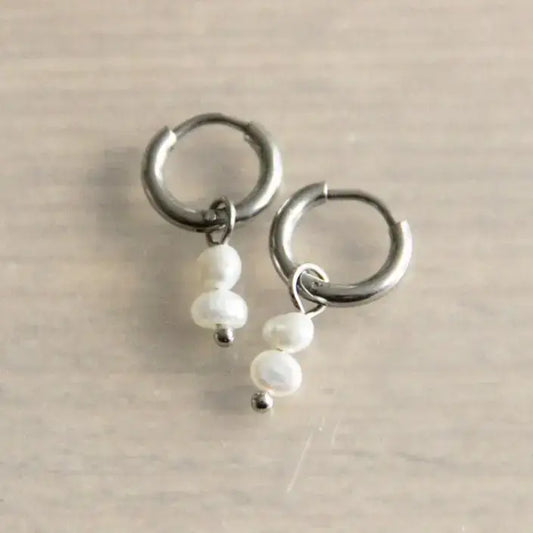 Creole Silver Hoop Earrings With  2 Mini Freshwater Pearls - PABOOM