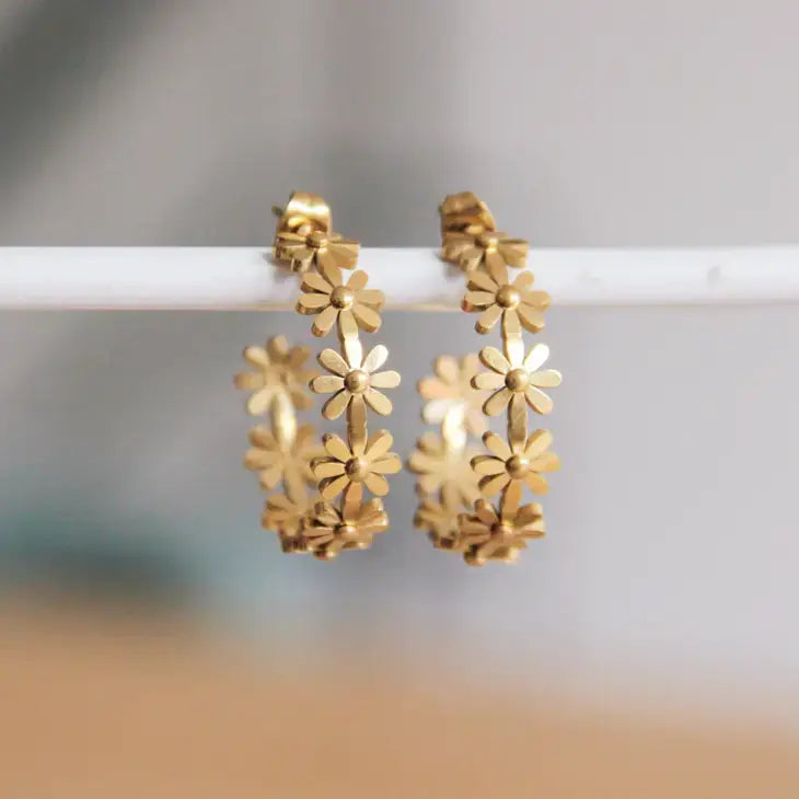Gold Flower Creole Open Hoop Earrings - PABOOM