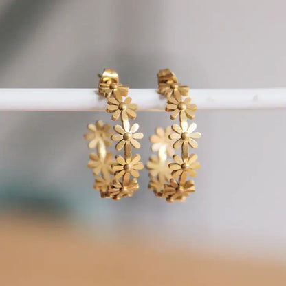 Gold Flower Creole Open Hoop Earrings - PABOOM