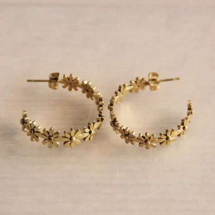 Gold Flower Creole Open Hoop Earrings - PABOOM