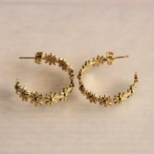 Gold Flower Creole Open Hoop Earrings - PABOOM