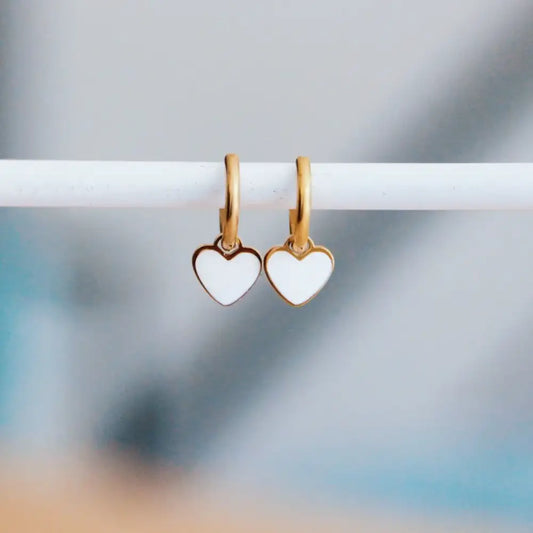 Heart Charm Earrings, White/Gold - PABOOM