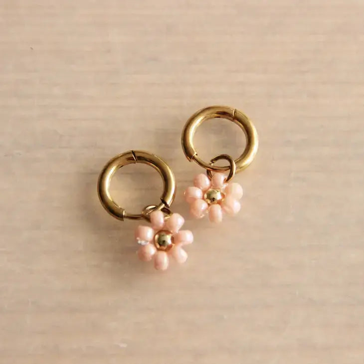 Mini Gold Hoops with Salmon Daisy - PABOOM