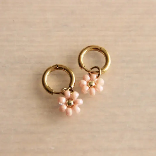 Mini Gold Hoops with Salmon Daisy - PABOOM