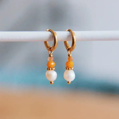 Pearl + Orange Gemstone Bead Earrings - PABOOM