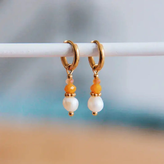 Pearl + Orange Gemstone Bead Earrings - PABOOM