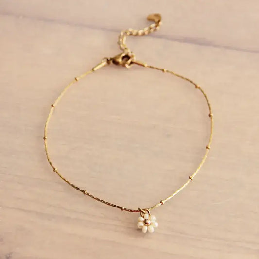 White Mini Daisy Flower Stainless Anklet - PABOOM