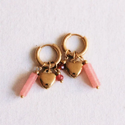 Bazou - Wide earring with tube facet and heart - pink