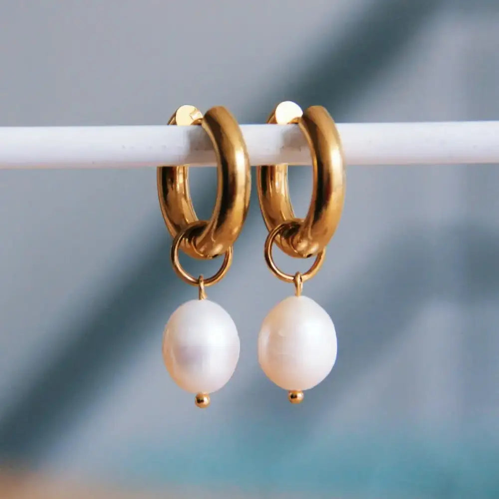 Wide Gold Hoop Earrings With Freshwater Pearl - PABOOM