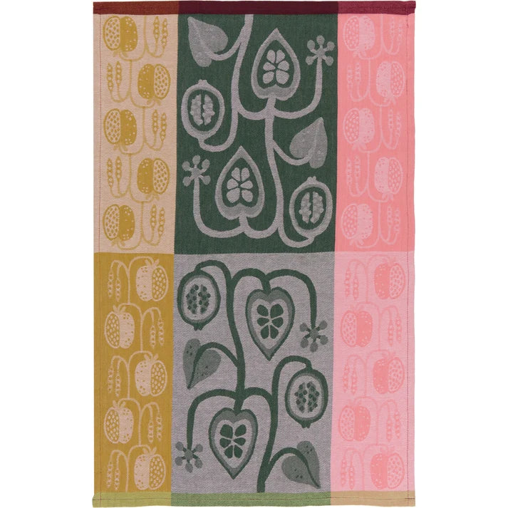 Multi-panel jacquard towel with pomegranate and botanical patterns in green, pink, and mustard blocks – PABOOM