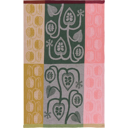Multi-panel jacquard towel with pomegranate and botanical patterns in green, pink, and mustard blocks – PABOOM