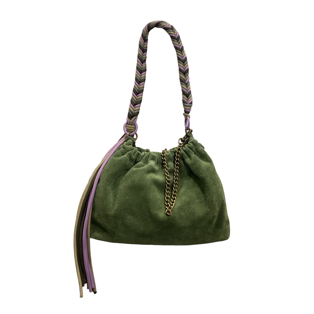 Louisa Lee Plissa Medium drawstring bag in olive green suede with taupe braided cord and tassels - PABOOM