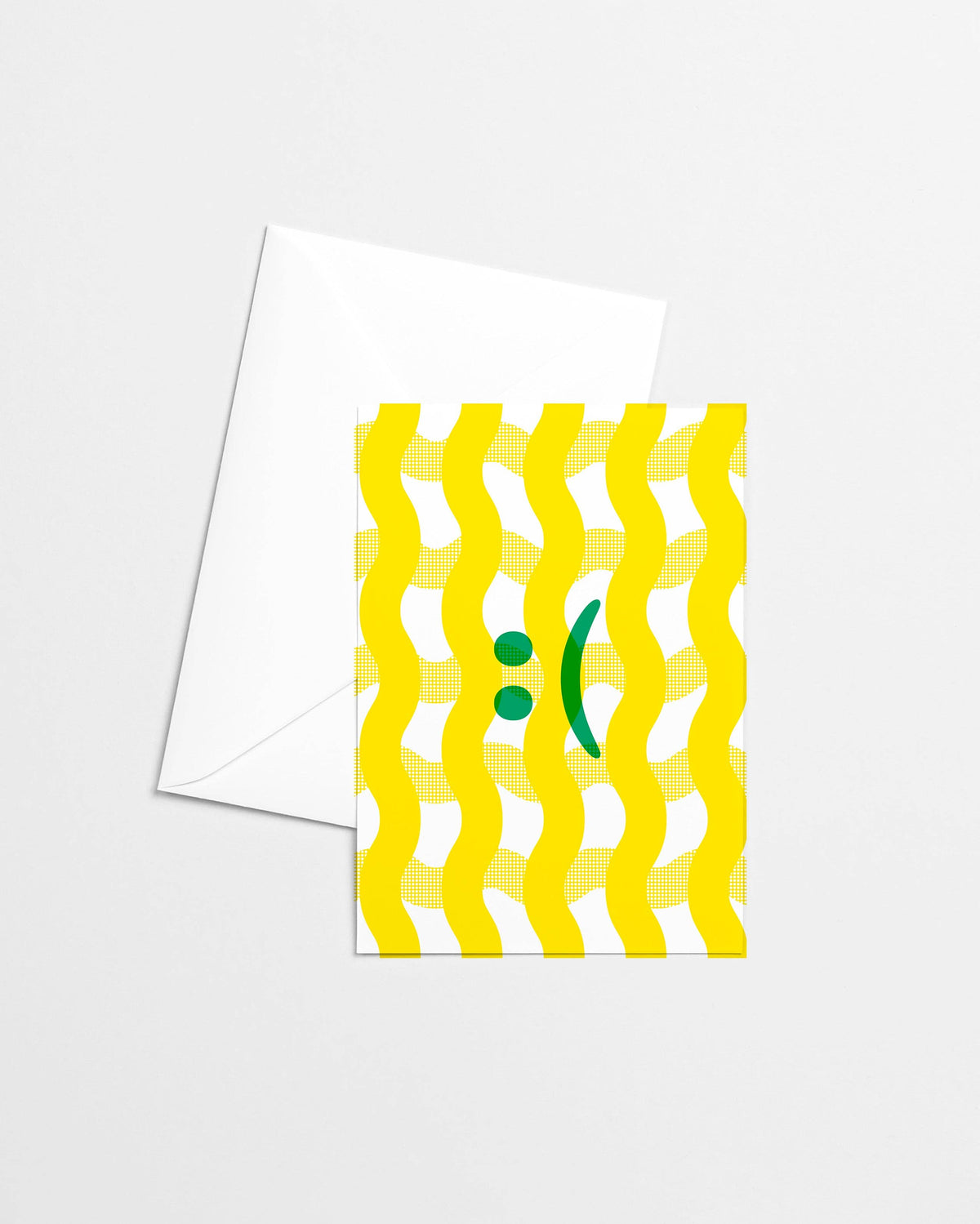 Yellow gingham wave greeting card with a green sad face emoji - PABOOM