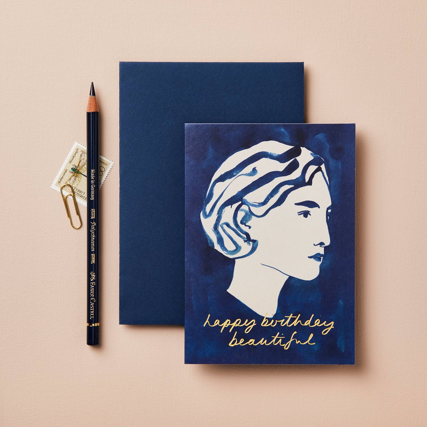 Happy Birthday Beautiful portrait card paired with a navy envelope