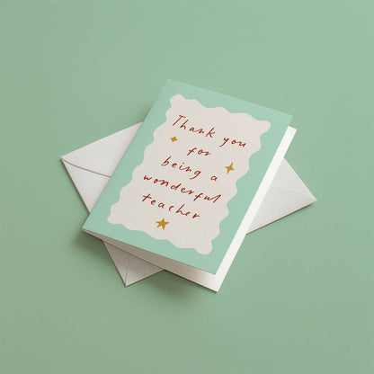 Wonderful Teacher card shown with envelope