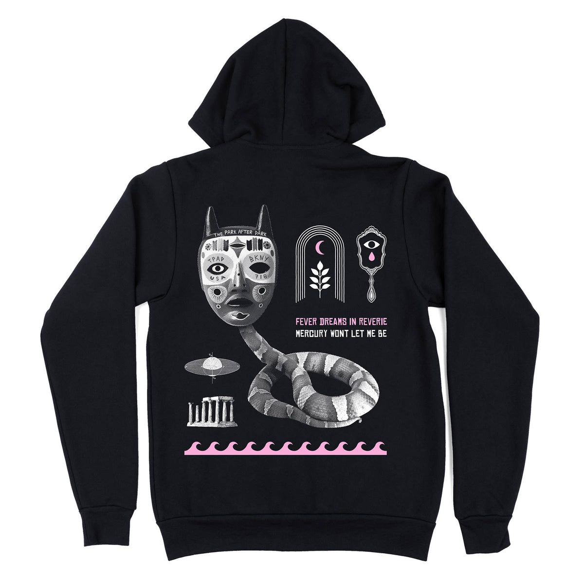 Black zip-up hoodie with white and pink silkscreen back print of a ritual mask, coiled snake, and "Fever Dreams In Reverie" text - PABOOM
