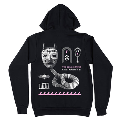 Black zip-up hoodie with white and pink silkscreen back print of a ritual mask, coiled snake, and "Fever Dreams In Reverie" text - PABOOM