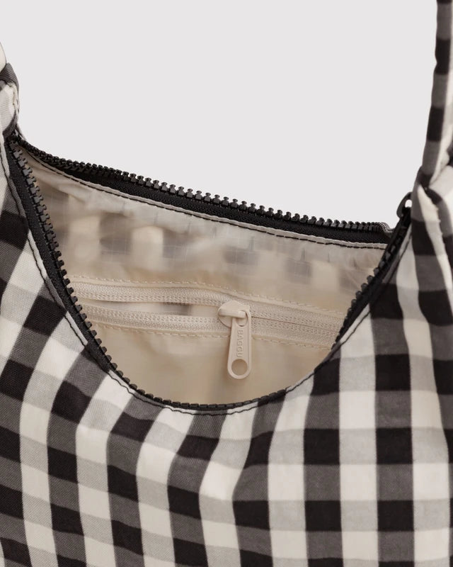 BAGGU Mini Nylon Shoulder Bag Black and Cream Gingham side profile - PABOOM