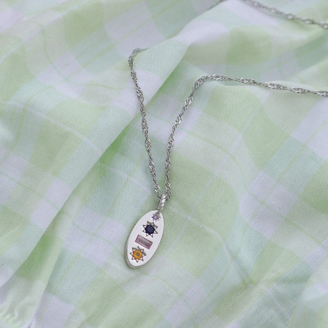 Midnight Gemstone Charm Necklace -  Silver