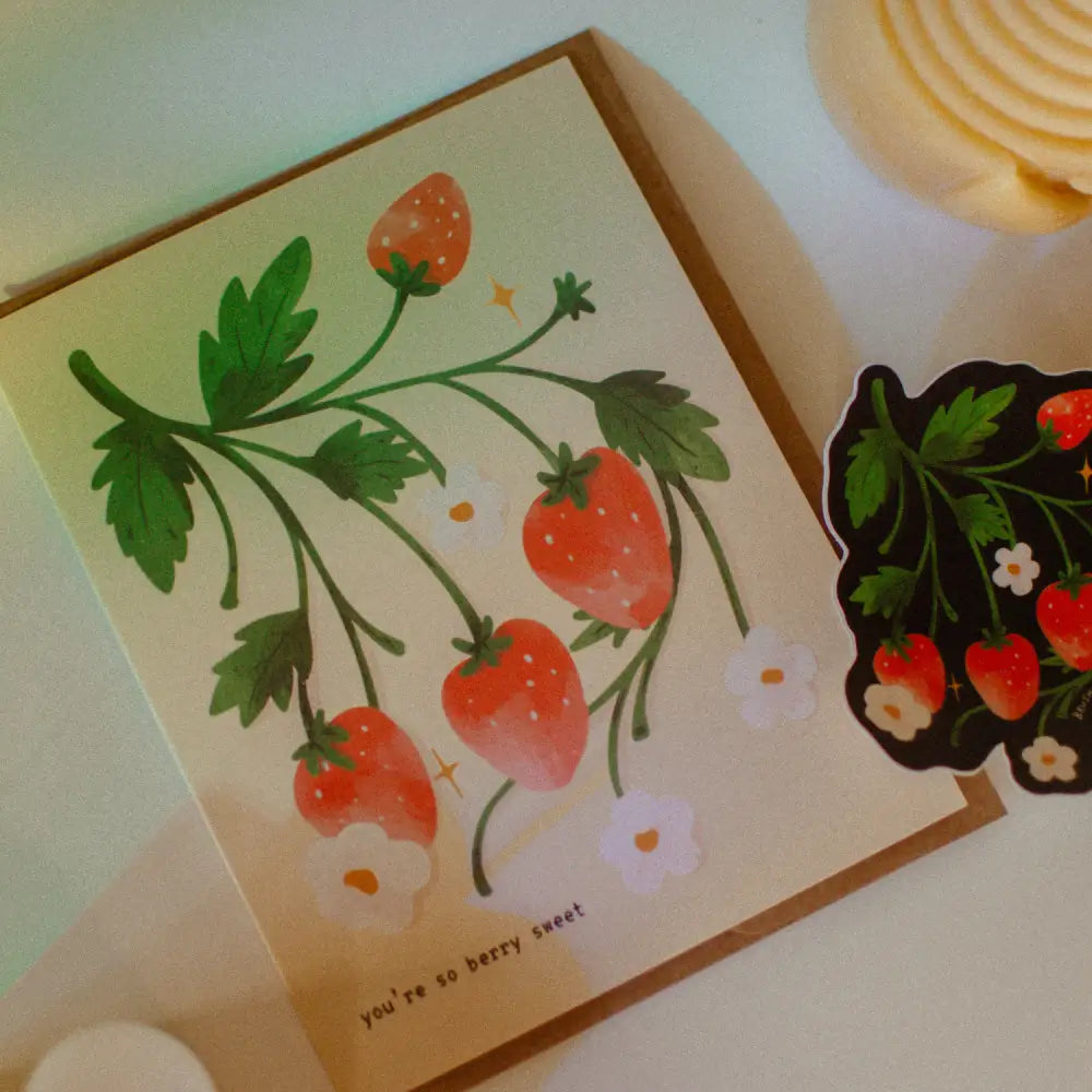 Brush + Bird Paper Co. - Strawberry Greeting Card | You’re So Berry Sweet Black Background