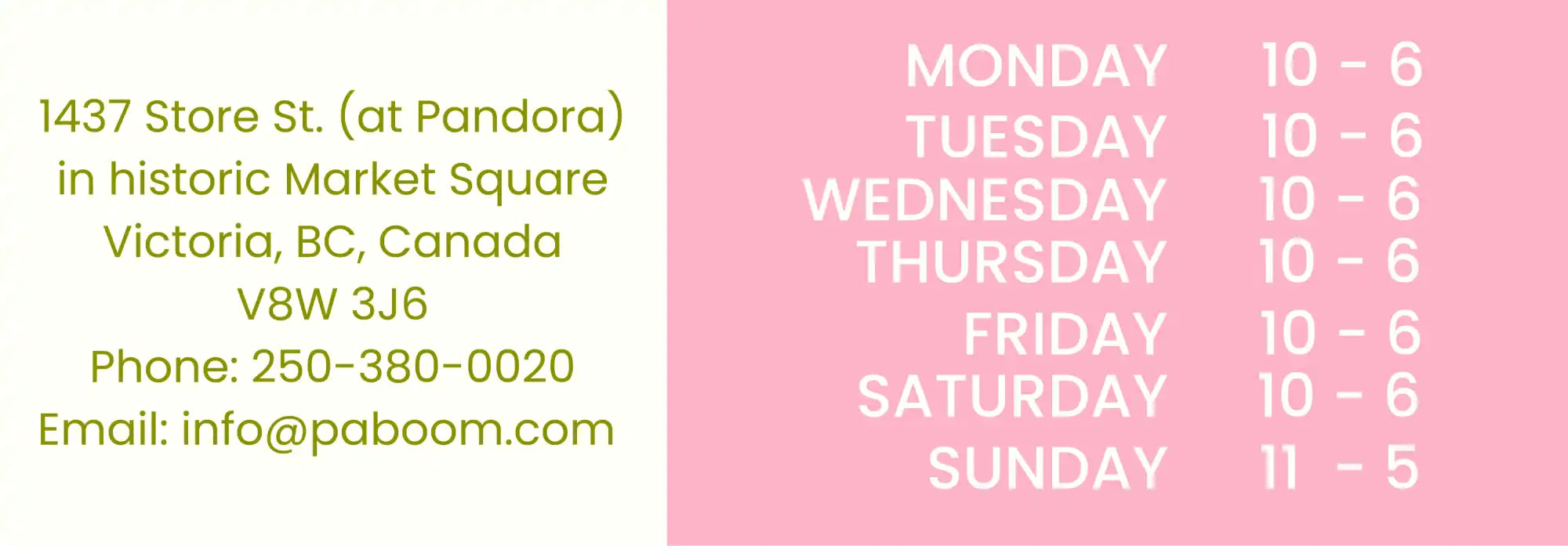 Business contact information and hours of operation.