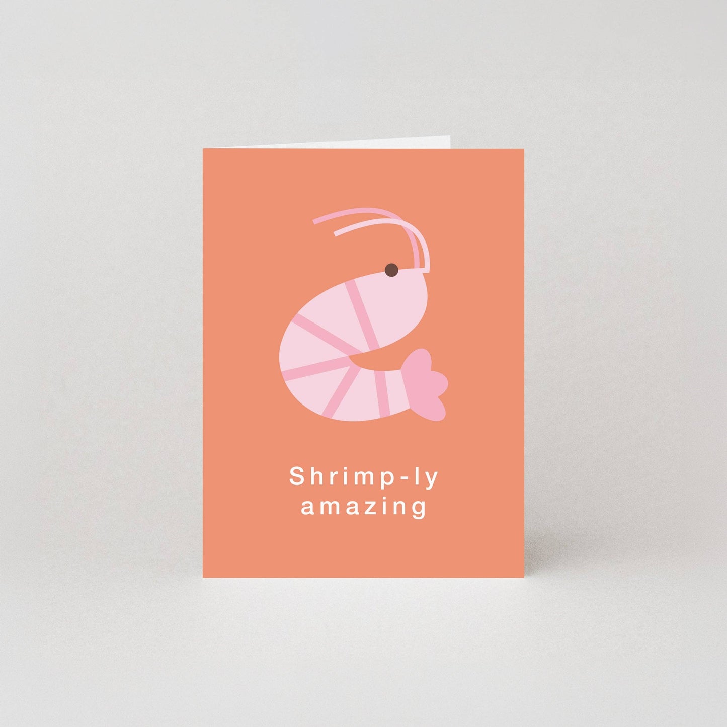 Mini greeting card with an illustrated pink shrimp and the text "Shrimp-ly amazing" on a terracotta background.