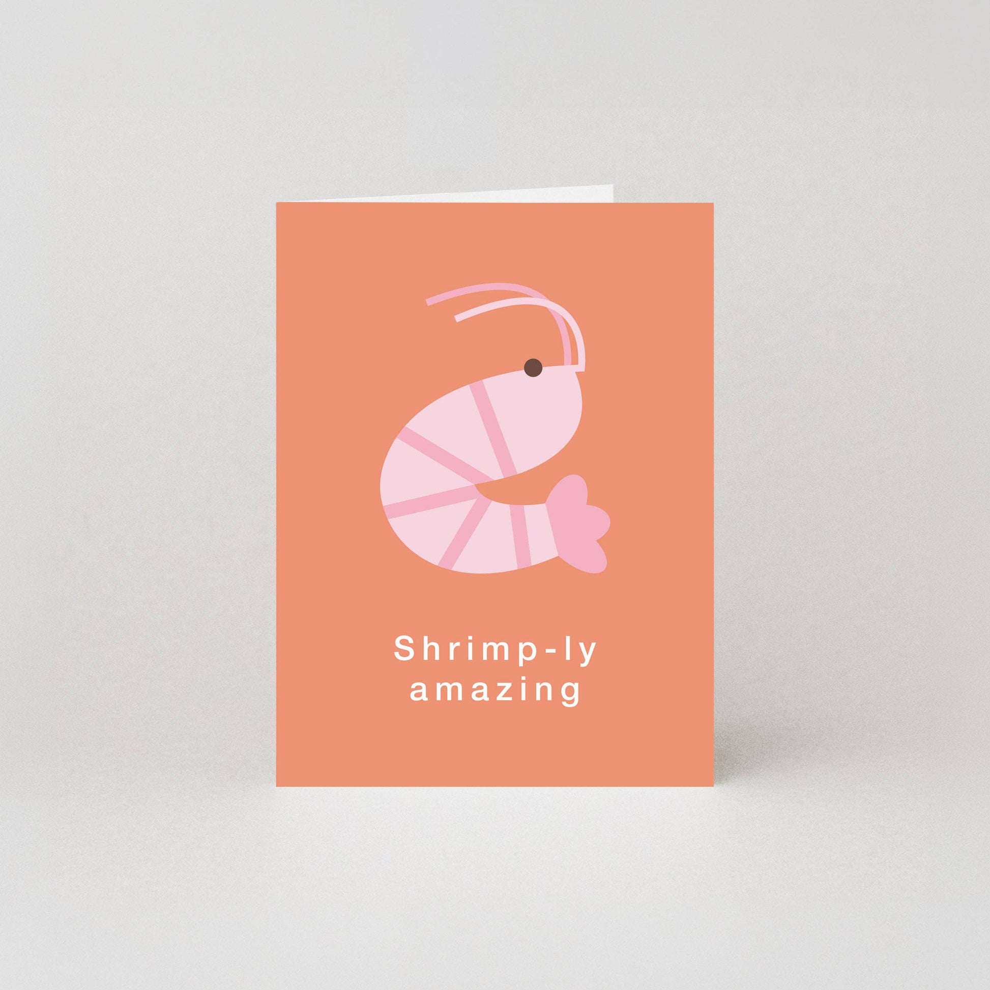 Mini greeting card with an illustrated pink shrimp and the text "Shrimp-ly amazing" on a terracotta background.