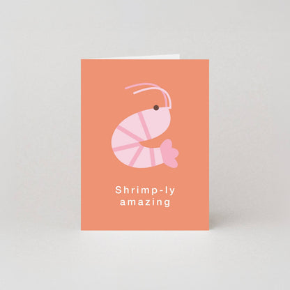 Mini greeting card with an illustrated pink shrimp and the text "Shrimp-ly amazing" on a terracotta background.