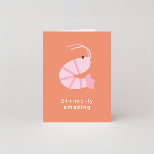 Mini greeting card with an illustrated pink shrimp and the text "Shrimp-ly amazing" on a terracotta background.