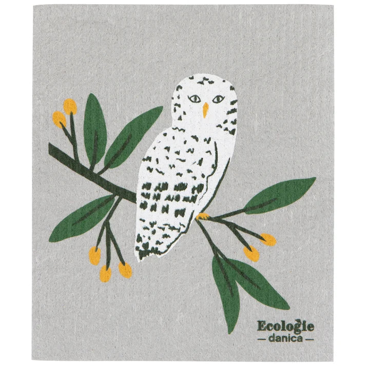 Grey Swedish dishcloth printed with an illustrated snowy owl perched on a berry-dotted branch – PABOOM