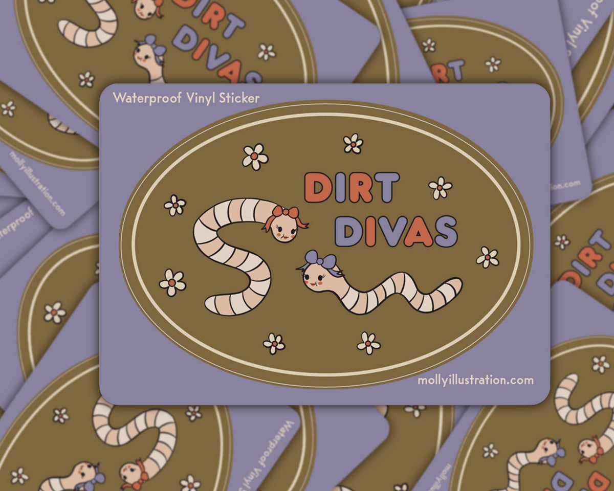 Matte vinyl sticker with the text 'Dirt Divas' and illustrated glamorous worms on a lavender background
