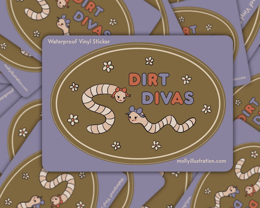 Matte vinyl sticker with the text 'Dirt Divas' and illustrated glamorous worms on a lavender background