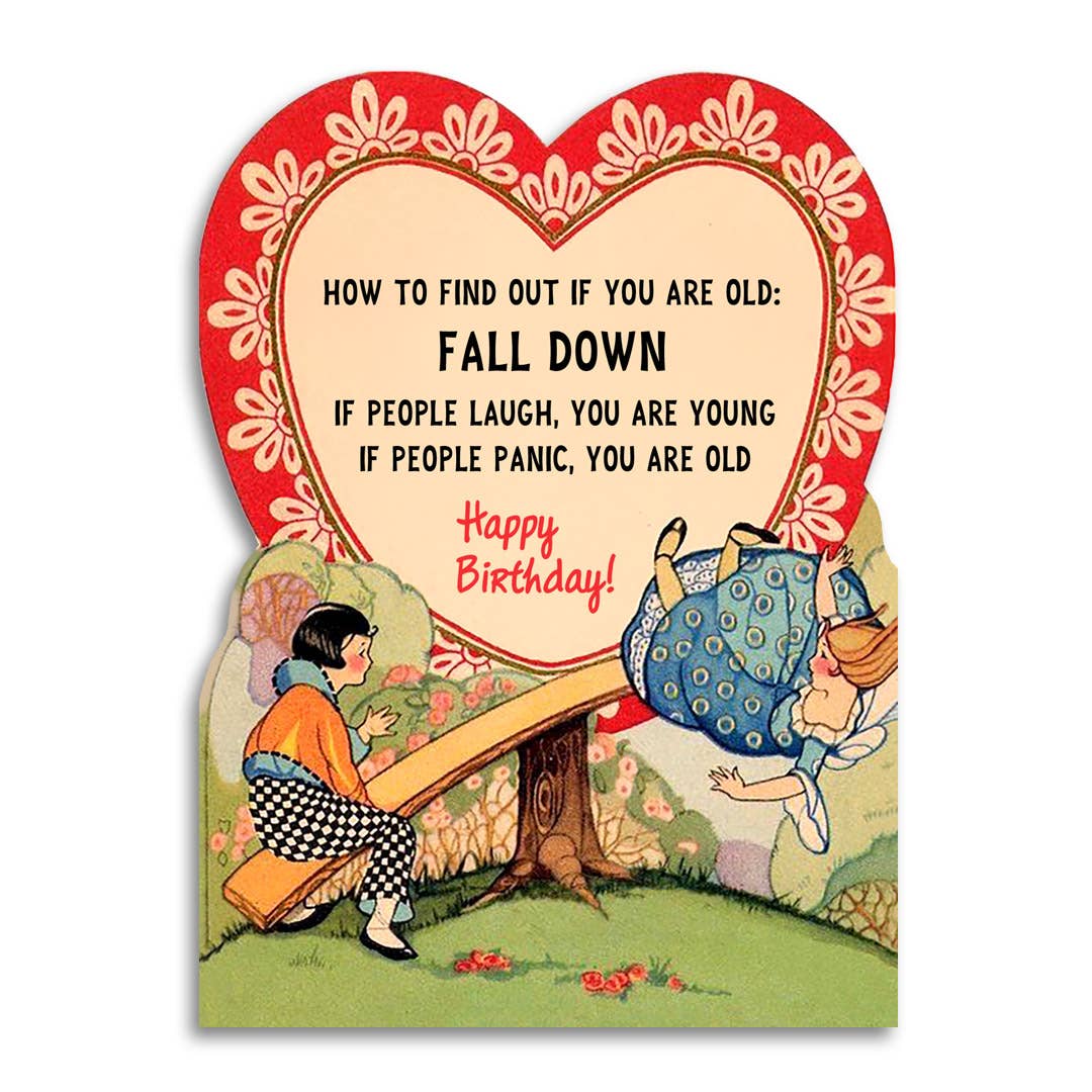 Die-cut heart-shaped card with a floral border and vintage illustration, reading a humorous how to find out if you are old test